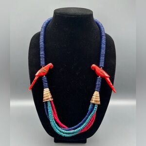 VTG 80s Tropical Parrot Wood Beaded & Shell Necklace *See Photos- Some Wear*